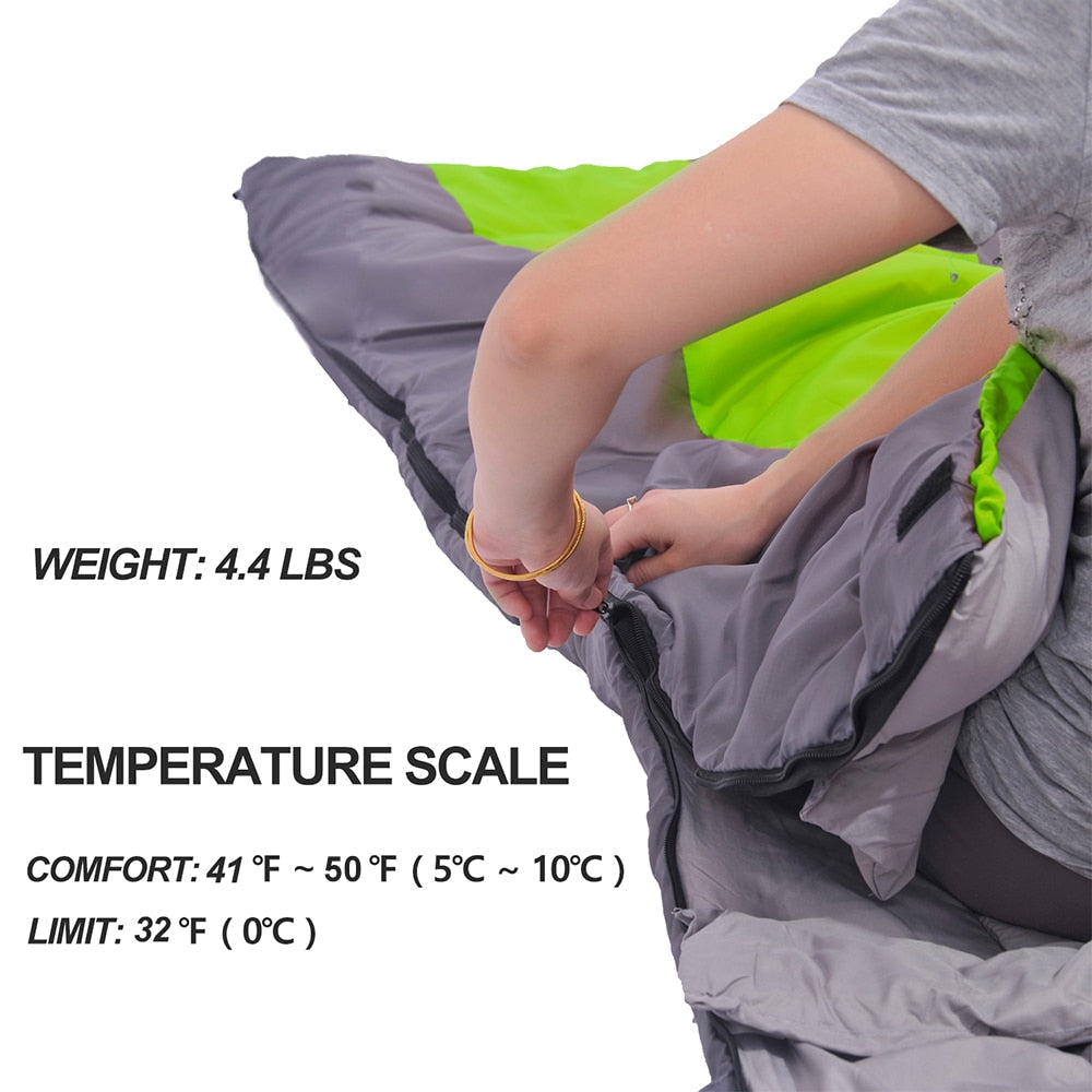 Camping Bag Weighs 4.4 lbs and is comfortable to 41 degrees F with a limit of 32 degrees F